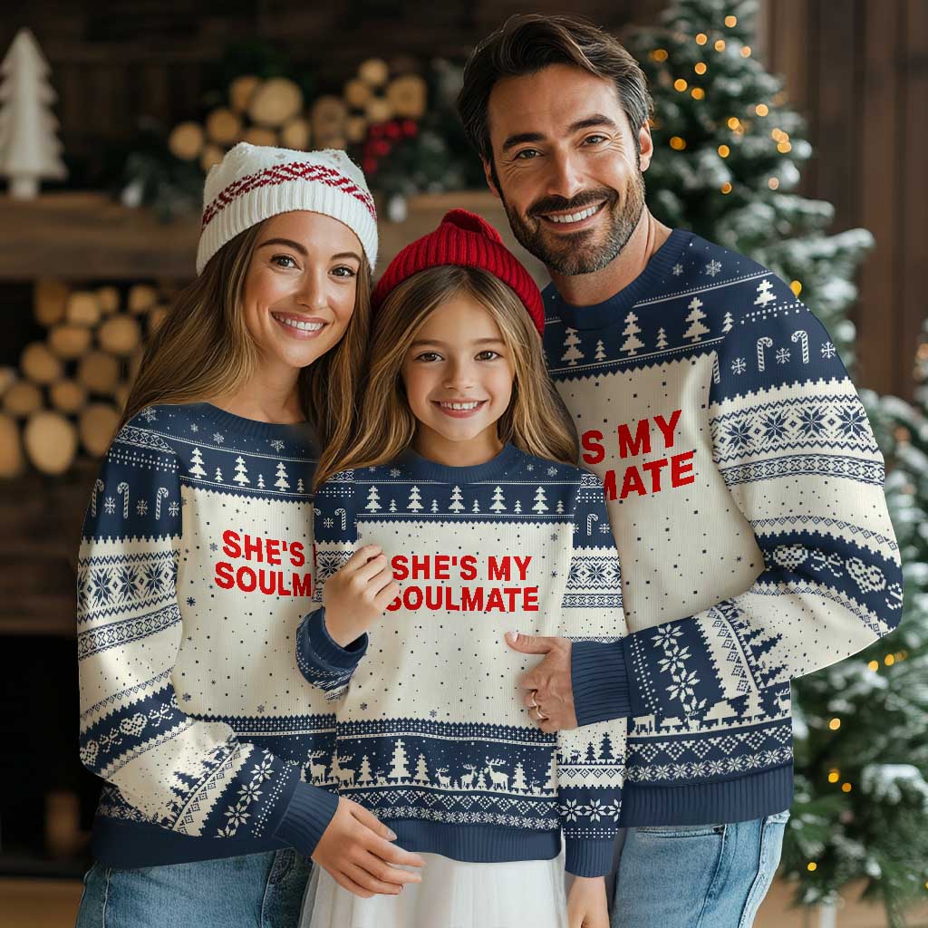Funny Couple Matching Ugly Christmas Sweater She's My Soulmate I Don't Know Him Couples TS10 Beige Navy Print Your Wear