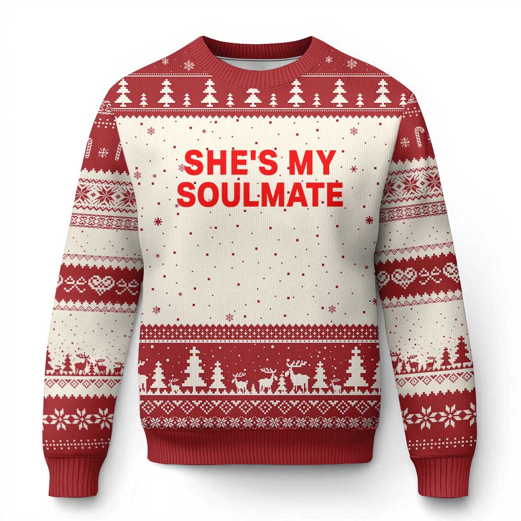 Funny Couple Matching Ugly Christmas Sweater She's My Soulmate I Don't Know Him Couples TS10 Beige Red Print Your Wear