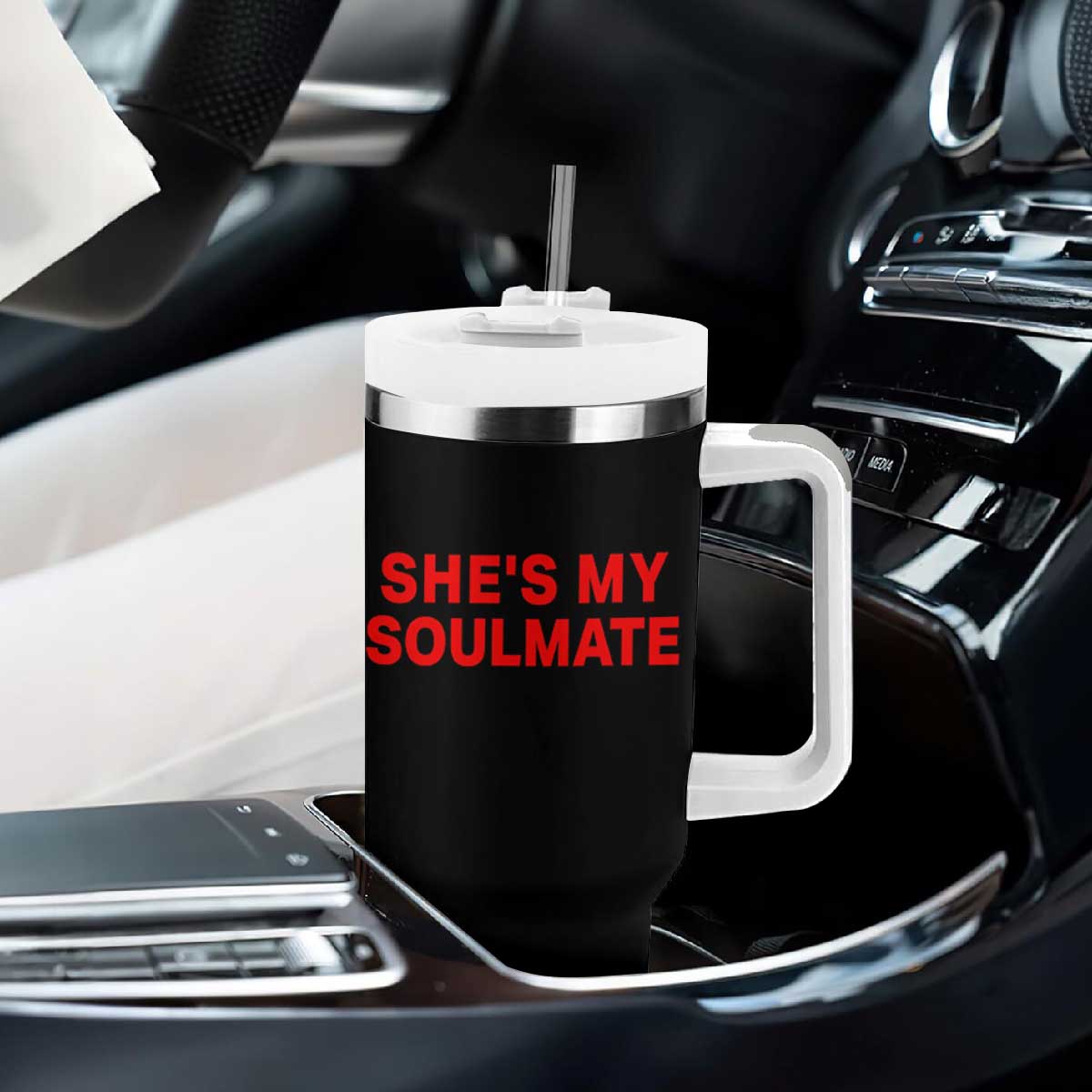 Funny Couple Matching Tumbler With Handle She's My Soulmate I Don't Know Him Couples TS10 Print Your Wear