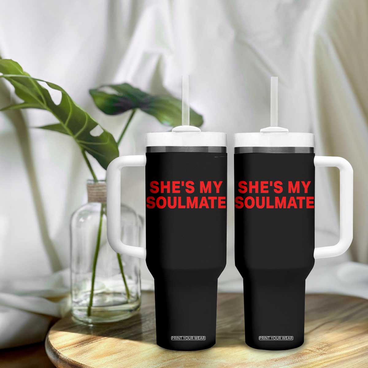 Funny Couple Matching Tumbler With Handle She's My Soulmate I Don't Know Him Couples TS10 Print Your Wear