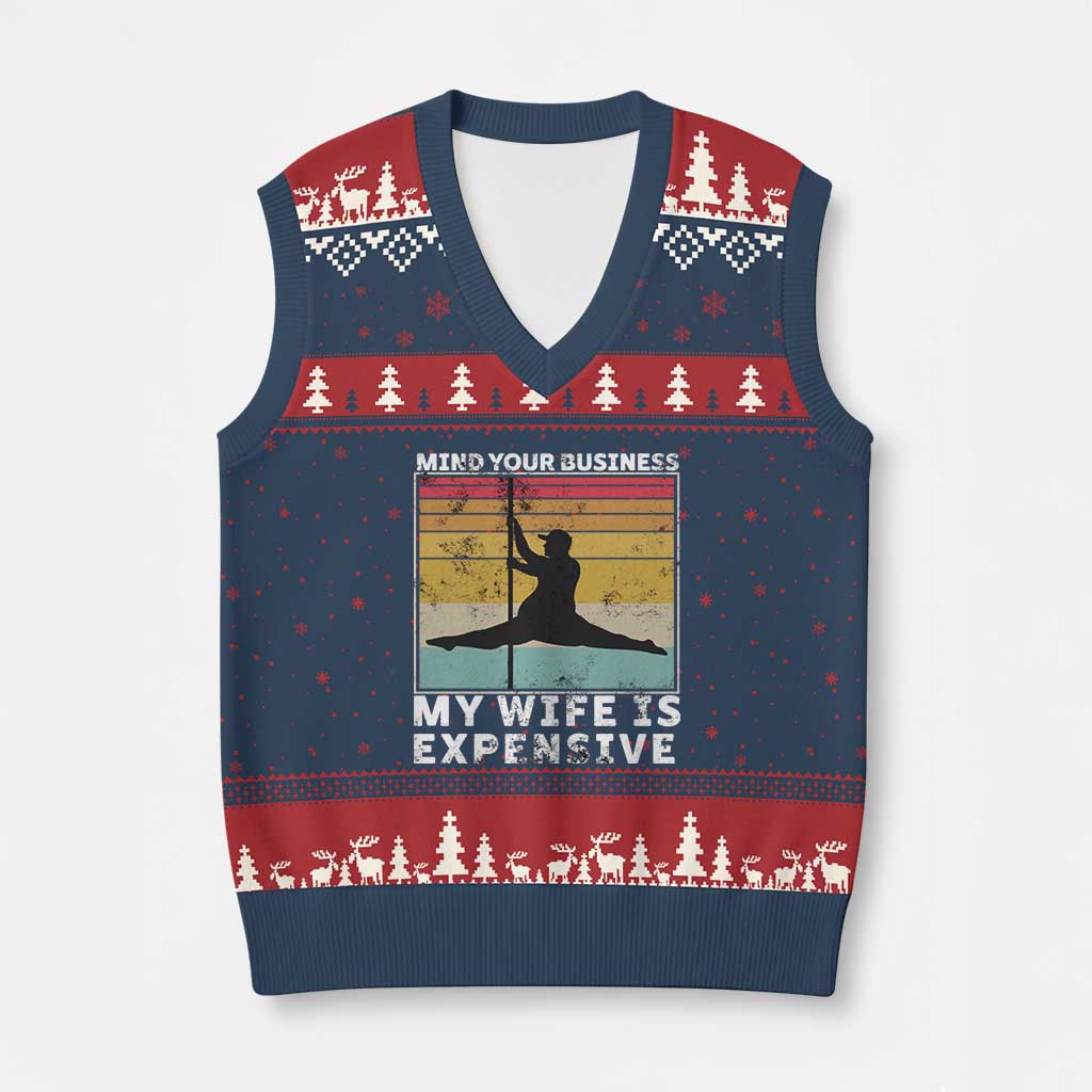 Sarcastic Husband V-Neck Knit Sweater Vest Retro Mind Your Business My Wife Is Expensive TS10 Navy Red Print Your Wear