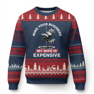 Sarcastic Husband Ugly Christmas Sweater Mind Your Business My Wife Is Expensive Raccoon TS10 Navy Red Print Your Wear