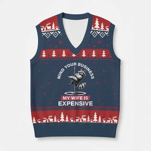 Sarcastic Husband V-Neck Knit Sweater Vest Mind Your Business My Wife Is Expensive Raccoon TS10 Navy Red Print Your Wear
