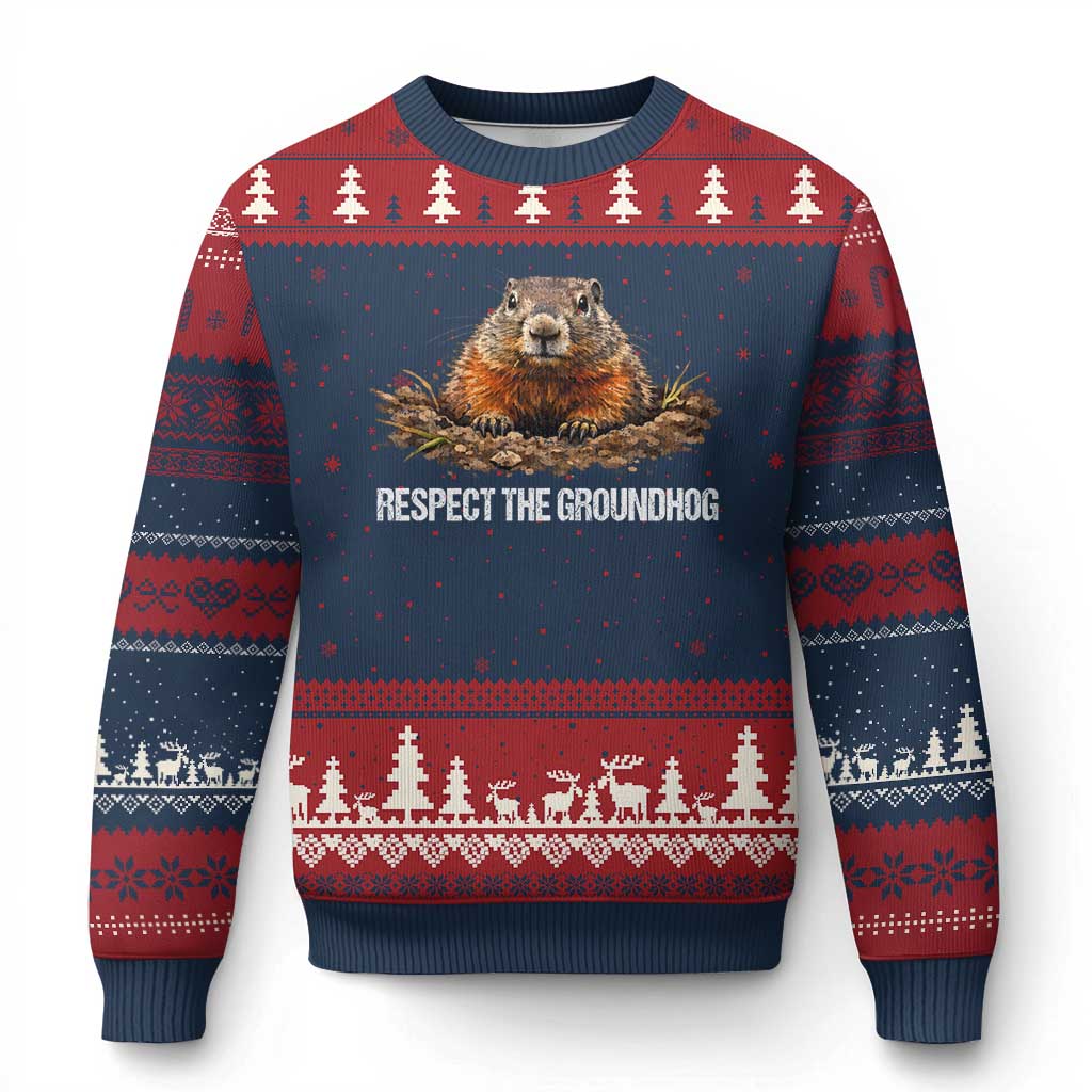Respect The Groundhog Ugly Christmas Sweater Funny Woodchuck TS10 Navy Red Print Your Wear