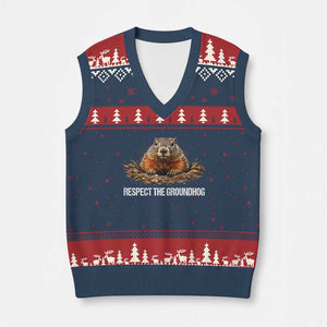 Respect The Groundhog V-Neck Knit Sweater Vest Funny Woodchuck TS10 Navy Red Print Your Wear