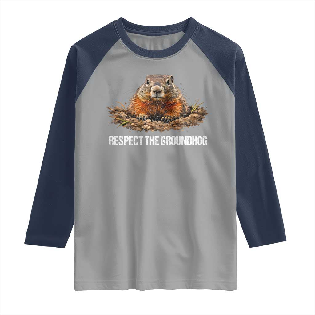Respect The Groundhog Raglan Shirt Funny Woodchuck TS10 Sport Gray Navy Print Your Wear