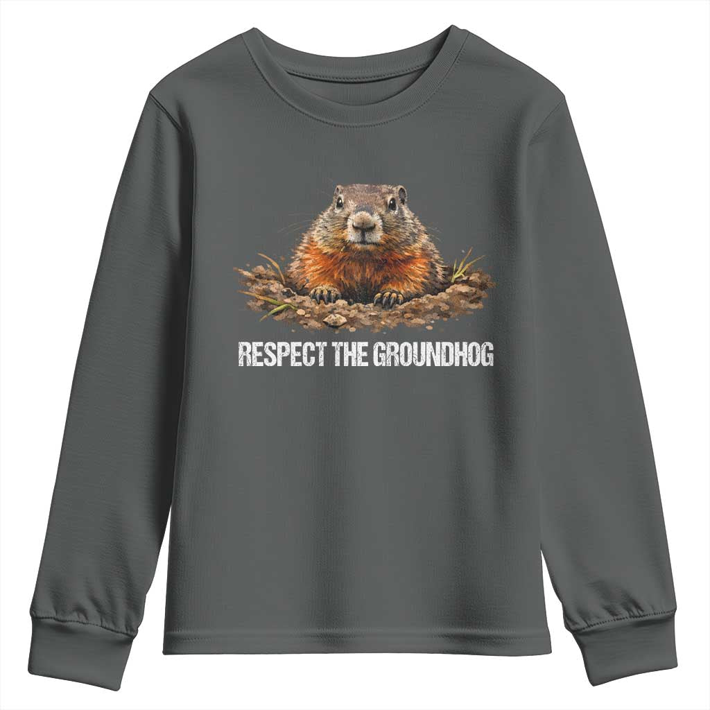 Respect The Groundhog Youth Sweatshirt Funny Woodchuck TS10 Dark Heather Print Your Wear