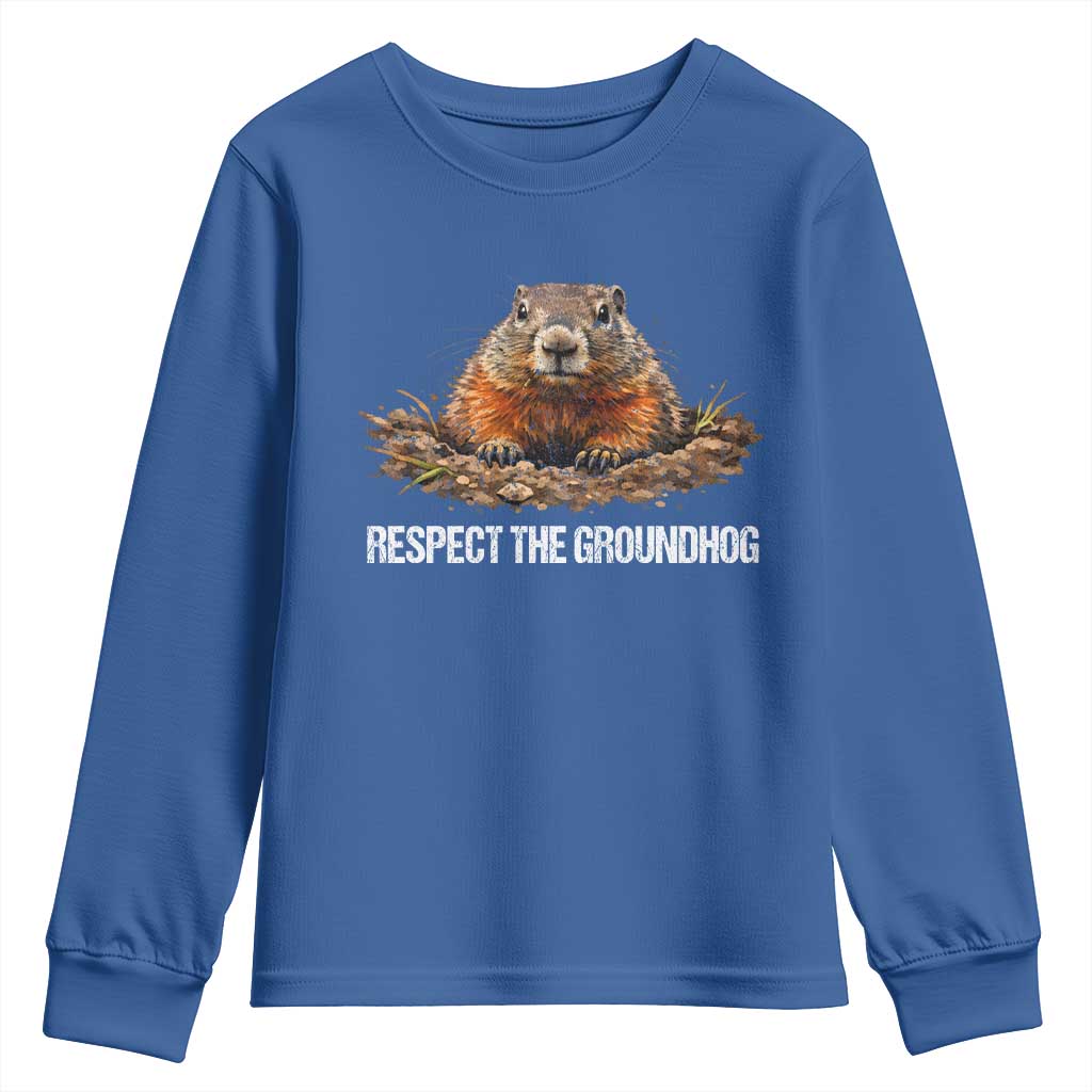 Respect The Groundhog Youth Sweatshirt Funny Woodchuck TS10 Royal Blue Print Your Wear