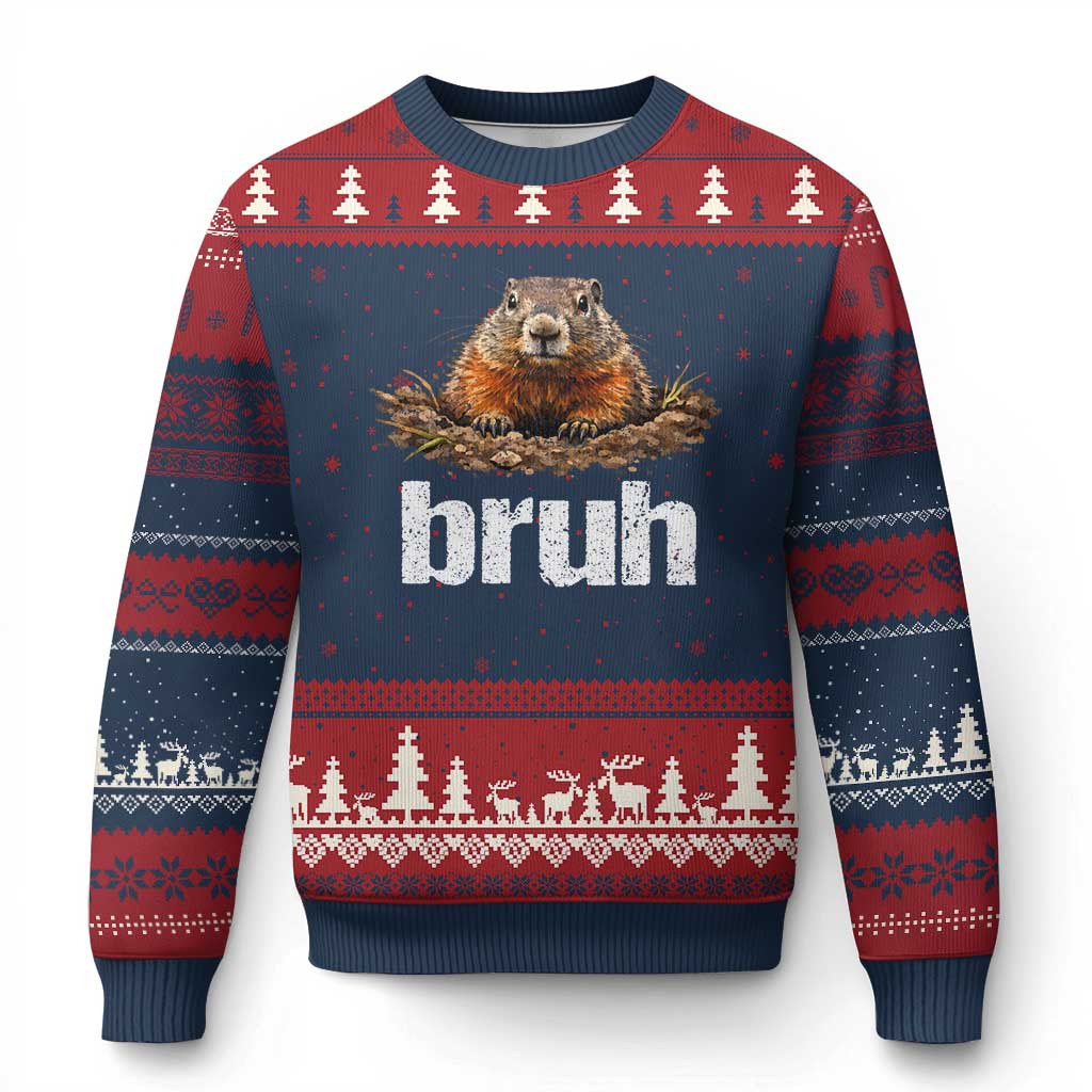 Funny Groundhog Ugly Christmas Sweater Ground Hog Meme Lover Bruh Groundhog Day TS10 Navy Red Print Your Wear