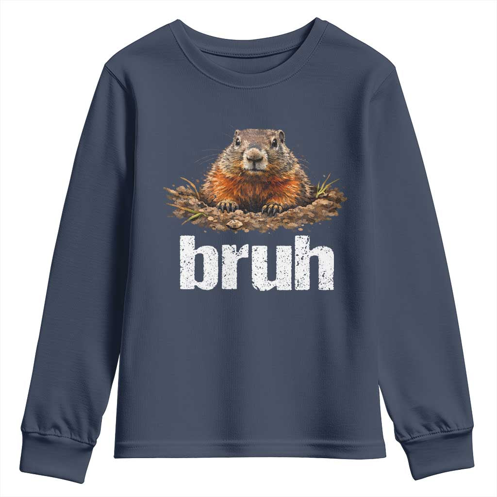 Funny Groundhog Youth Sweatshirt Ground Hog Meme Lover Bruh Groundhog Day TS10 Navy Print Your Wear