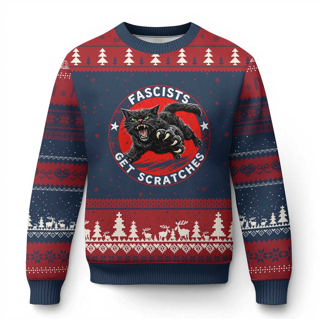 Vintage Black Cat Against Fascists Ugly Christmas Sweater TS10 Navy Red Print Your Wear