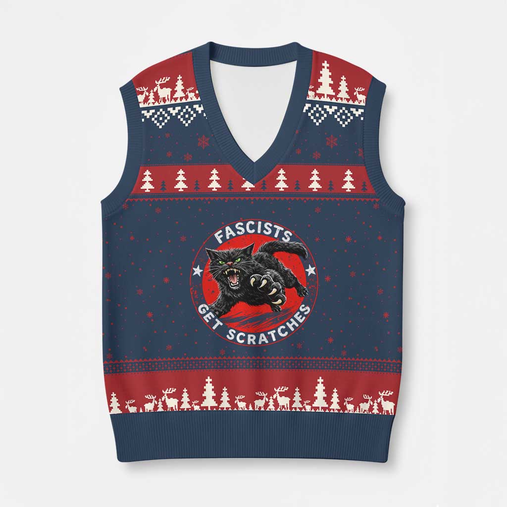Vintage Black Cat Against Fascists V-Neck Knit Sweater Vest TS10 Navy Red Print Your Wear