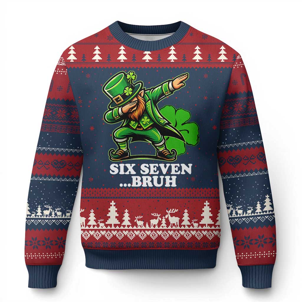 St Patricks Day Six Seven Bruh Ugly Christmas Sweater Leprechaun 67 Meme Irish Ireland Lucky Shamrocks TS10 Navy Red Print Your Wear