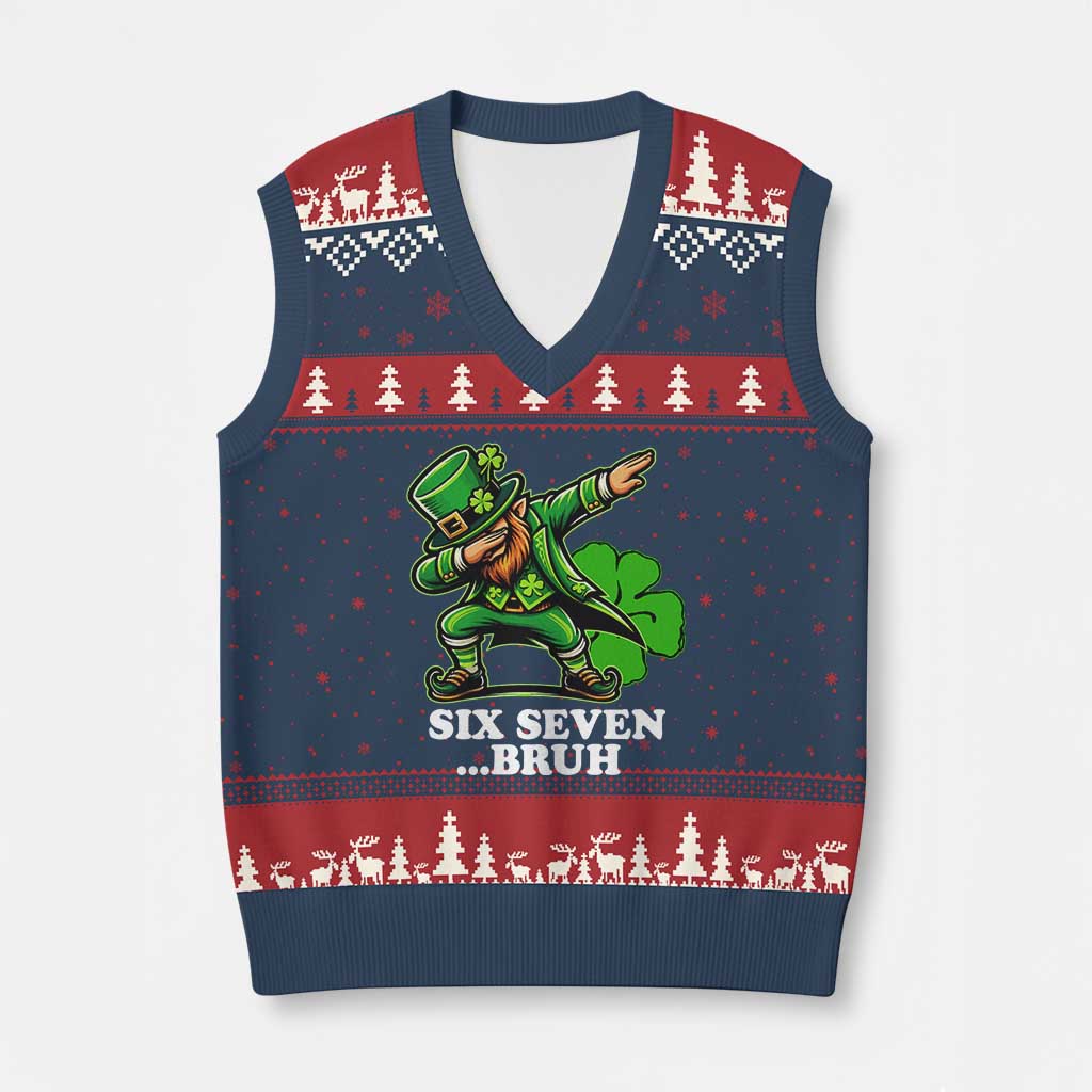 St Patricks Day Six Seven Bruh V-Neck Knit Sweater Vest Leprechaun 67 Meme Irish Ireland Lucky Shamrocks TS10 Navy Red Print Your Wear