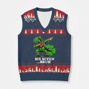 St Patricks Day Six Seven Bruh V-Neck Knit Sweater Vest Leprechaun 67 Meme Irish Ireland Lucky Shamrocks TS10 Navy Red Print Your Wear
