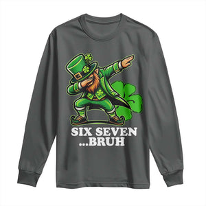 St Patricks Day Six Seven Bruh Long Sleeve Shirt Leprechaun 67 Meme Irish Ireland Lucky Shamrocks TS10 Dark Heather Print Your Wear