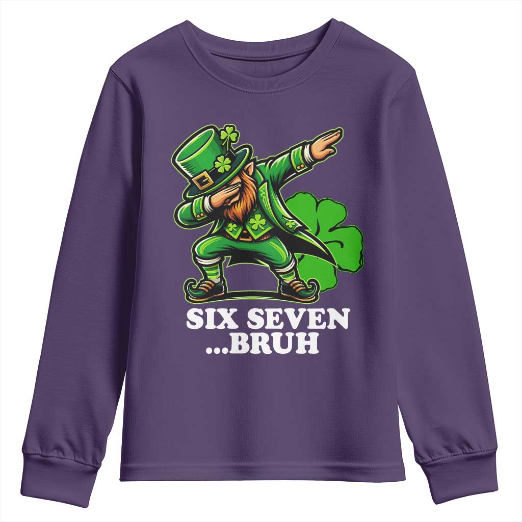 St Patricks Day Six Seven Bruh Youth Sweatshirt Leprechaun 67 Meme Irish Ireland Lucky Shamrocks TS10 Purple Print Your Wear