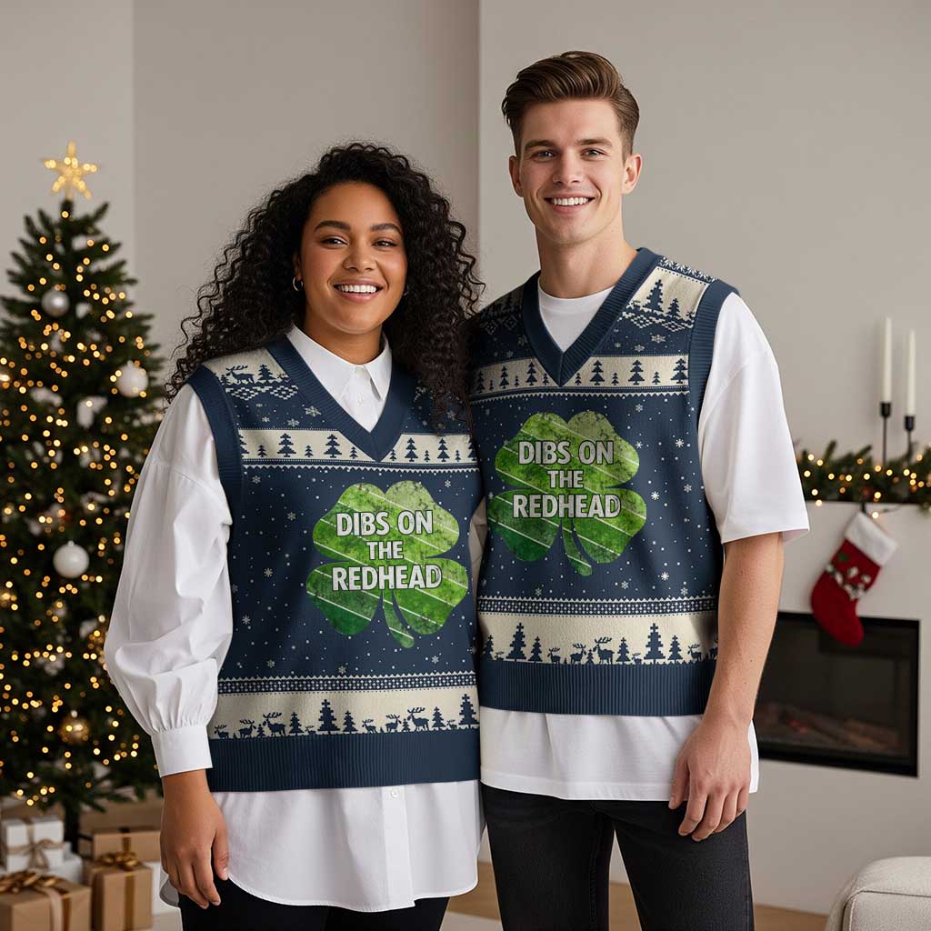 Funny Irish St Patricks Day Dibs On The Redhead V-Neck Knit Sweater Vest Retro Vintage Lucky Shamrock TS10 Navy Beige Print Your Wear