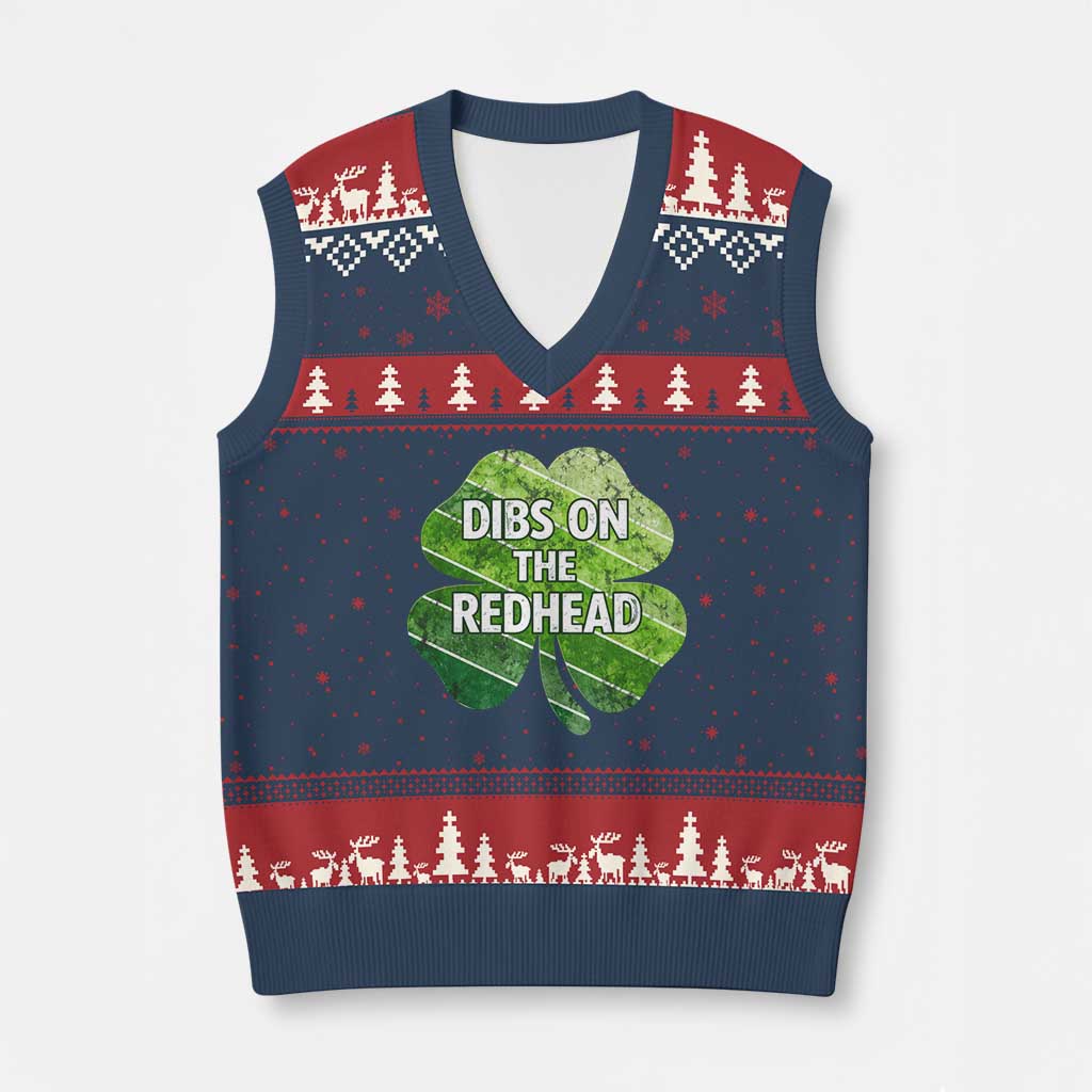 Funny Irish St Patricks Day Dibs On The Redhead V-Neck Knit Sweater Vest Retro Vintage Lucky Shamrock TS10 Navy Red Print Your Wear
