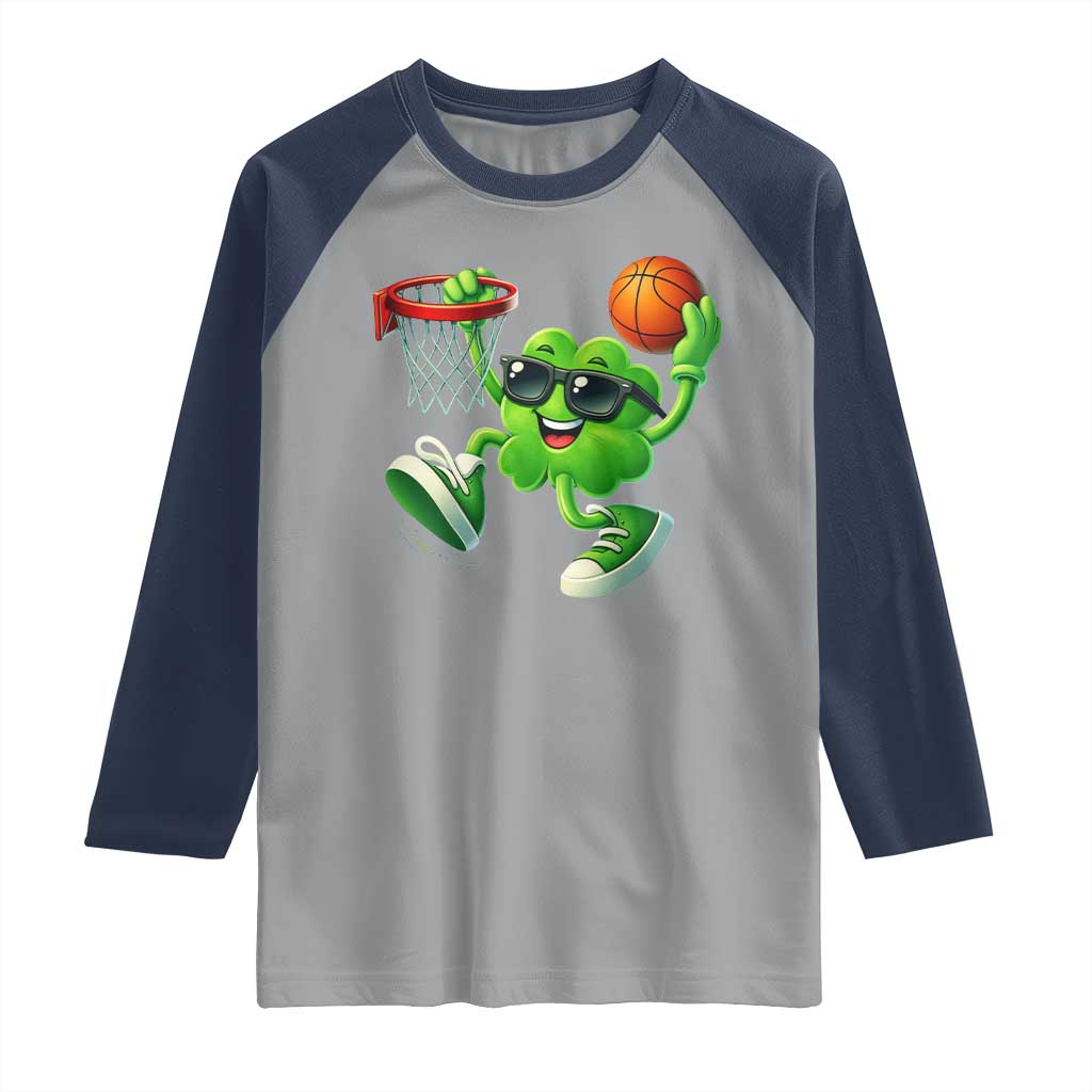 Basketball St Patricks Day Raglan Shirt Cute Irish Shamrock Playing Basketball Player Team Boys TS10 Sport Gray Navy Print Your Wear