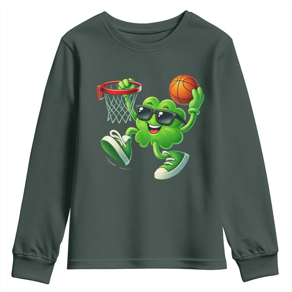 Basketball St Patricks Day Youth Sweatshirt Cute Irish Shamrock Playing Basketball Player Team Boys TS10 Dark Forest Green Print Your Wear