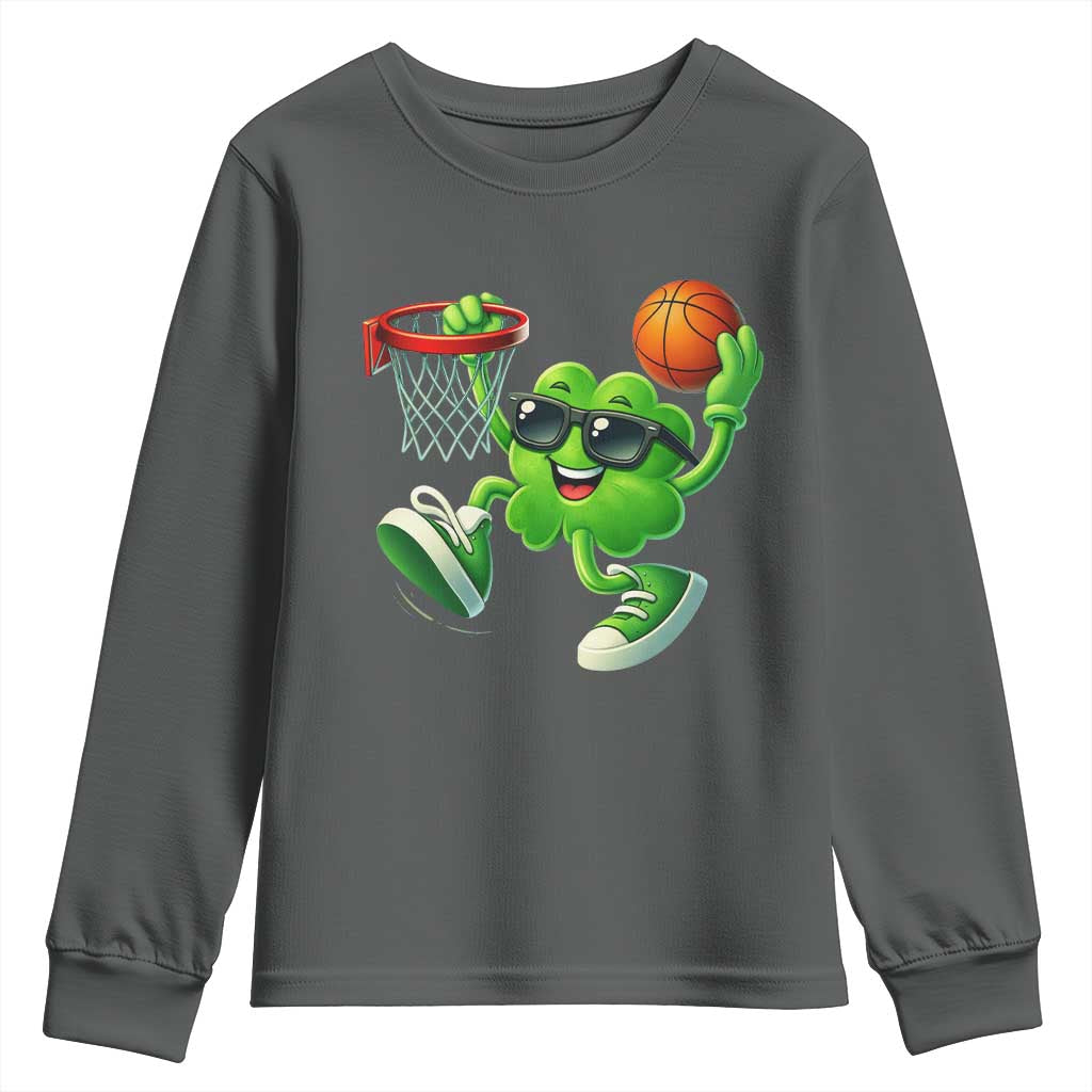 Basketball St Patricks Day Youth Sweatshirt Cute Irish Shamrock Playing Basketball Player Team Boys TS10 Dark Heather Print Your Wear