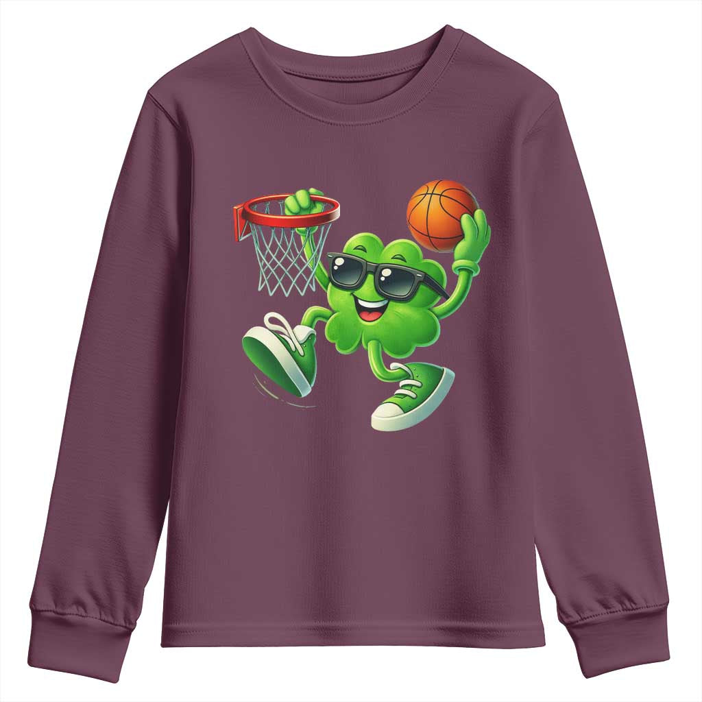 Basketball St Patricks Day Youth Sweatshirt Cute Irish Shamrock Playing Basketball Player Team Boys TS10 Maroon Print Your Wear
