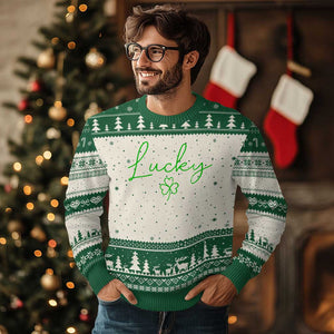 Lucky Irish Shamrock Ugly Christmas Sweater St Patricks Day Letter Print Lightweight TS10 Beige Green Print Your Wear