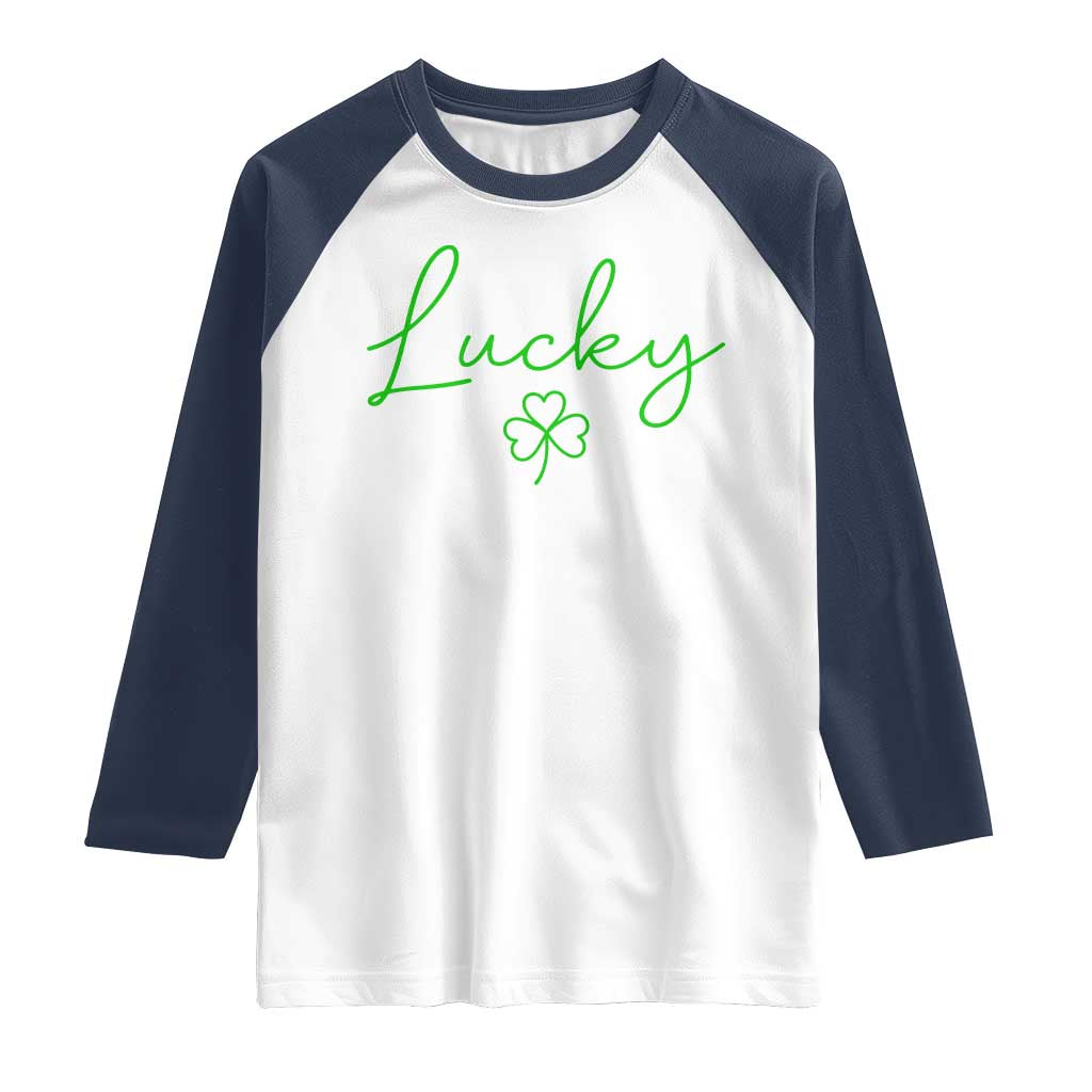 Lucky Irish Shamrock Raglan Shirt St Patricks Day Letter Print Lightweight TS10 White Navy Print Your Wear