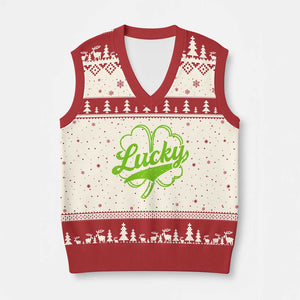 Vintage Lucky Shamrock V-Neck Knit Sweater Vest Irish St Patricks Day TS10 Beige Red Print Your Wear