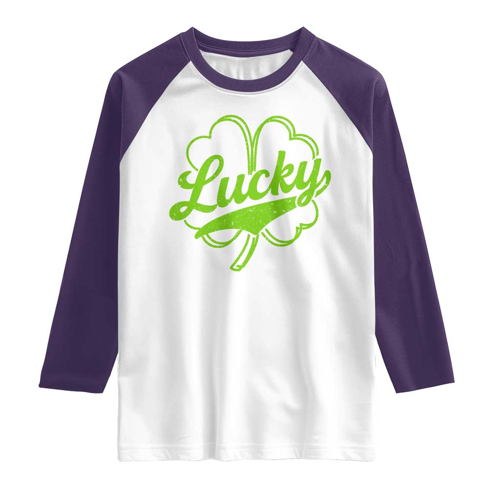 Vintage Lucky Shamrock Raglan Shirt Irish St Patricks Day TS10 White Purple Print Your Wear