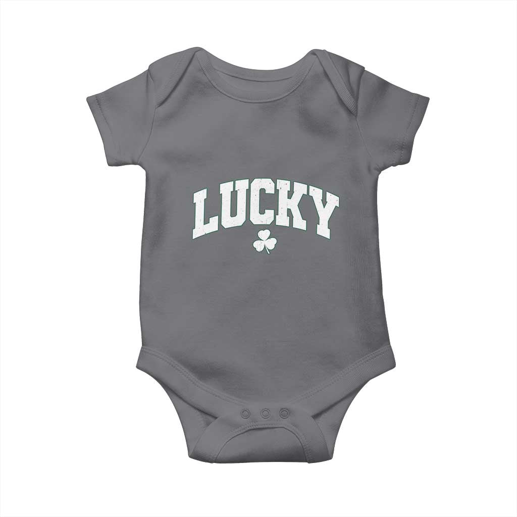 Retro Lucky Baby Onesie St Patricks Day Irish Shamrock Varsity TS10 Charcoal Print Your Wear