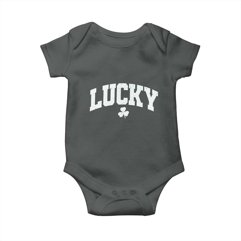 Retro Lucky Baby Onesie St Patricks Day Irish Shamrock Varsity TS10 Dark Heather Print Your Wear