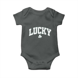 Retro Lucky Baby Onesie St Patricks Day Irish Shamrock Varsity TS10 Dark Heather Print Your Wear
