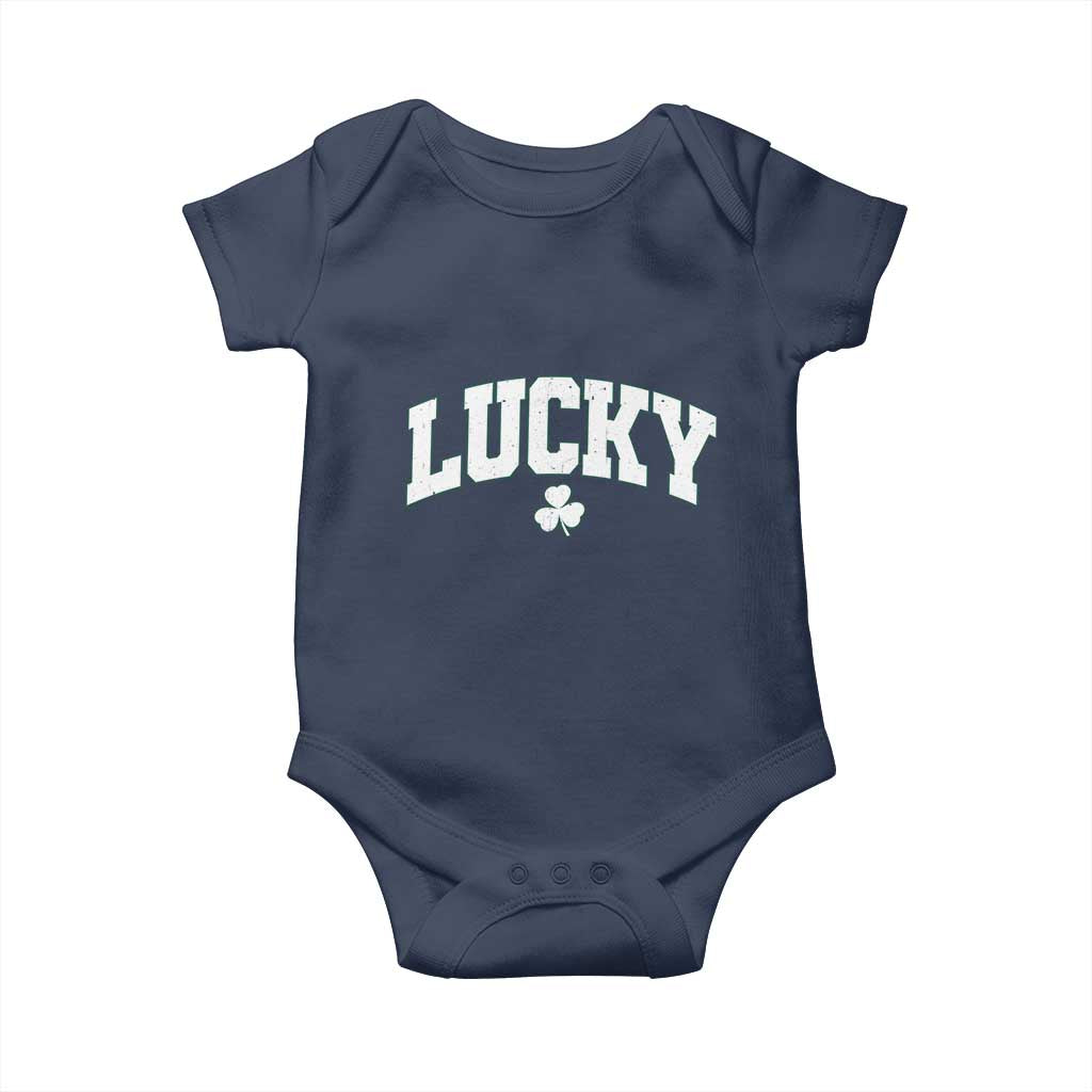 Retro Lucky Baby Onesie St Patricks Day Irish Shamrock Varsity TS10 Navy Print Your Wear