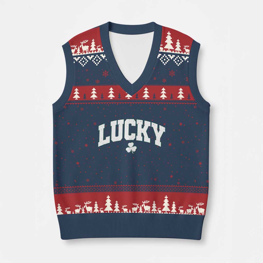 Retro Lucky V-Neck Knit Sweater Vest St Patricks Day Irish Shamrock Varsity TS10 Navy Red Print Your Wear