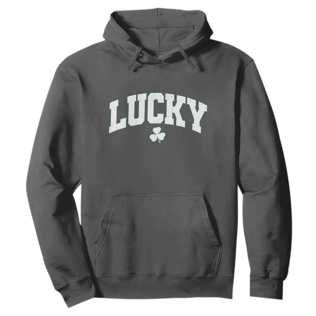 Retro Lucky Hoodie St Patricks Day Irish Shamrock Varsity TS10 Dark Heather Print Your Wear