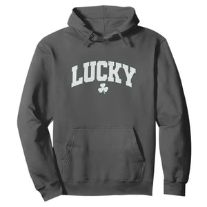 Retro Lucky Hoodie St Patricks Day Irish Shamrock Varsity TS10 Dark Heather Print Your Wear