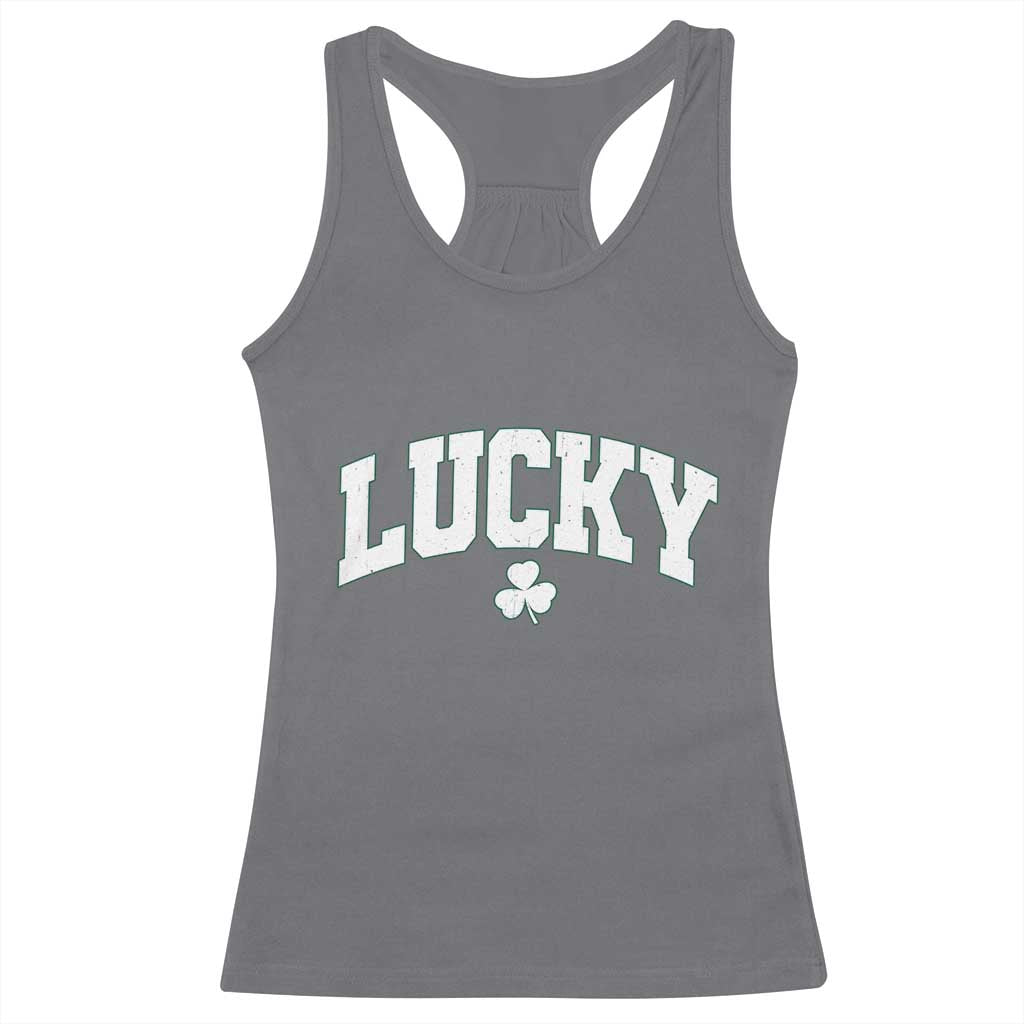 Retro Lucky Racerback Tank Top St Patricks Day Irish Shamrock Varsity TS10 Charcoal Print Your Wear