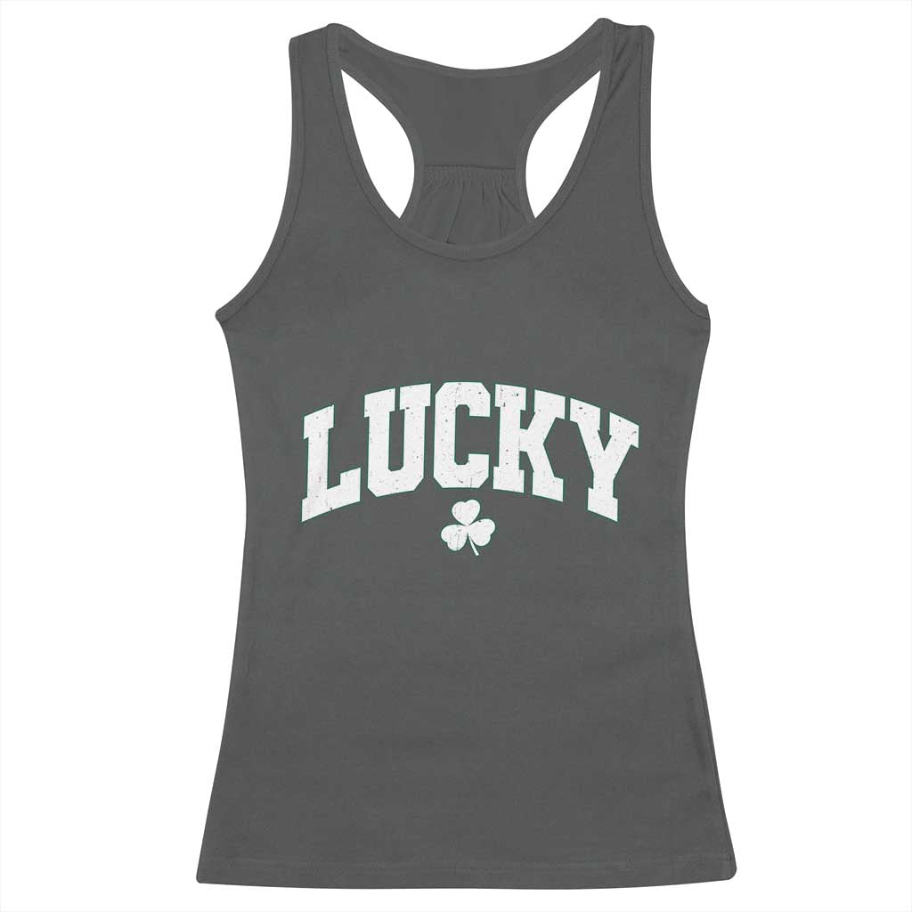Retro Lucky Racerback Tank Top St Patricks Day Irish Shamrock Varsity TS10 Dark Heather Print Your Wear