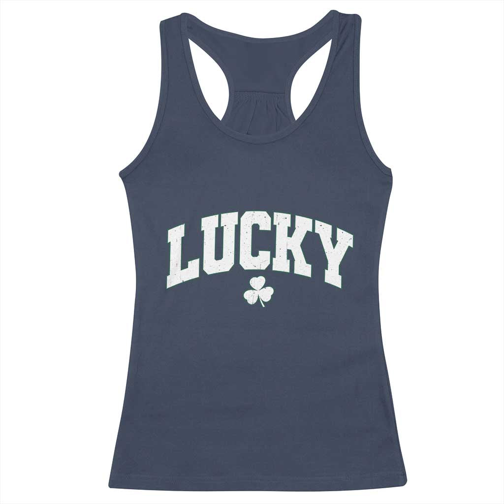 Retro Lucky Racerback Tank Top St Patricks Day Irish Shamrock Varsity TS10 Navy Print Your Wear