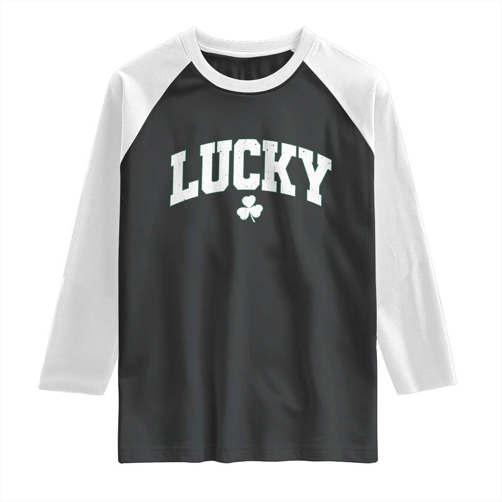 Retro Lucky Raglan Shirt St Patricks Day Irish Shamrock Varsity TS10 Black White Print Your Wear