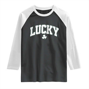 Retro Lucky Raglan Shirt St Patricks Day Irish Shamrock Varsity TS10 Black White Print Your Wear