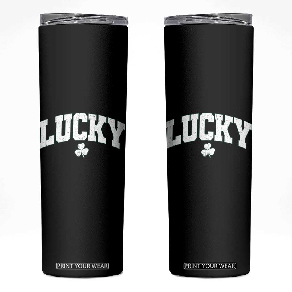 Retro Lucky Skinny Tumbler St Patricks Day Irish Shamrock Varsity TS10 Black Print Your Wear