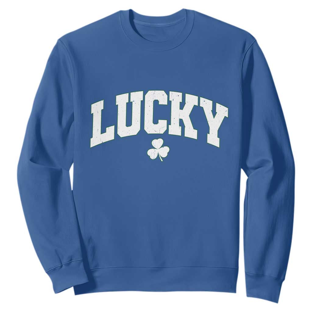 Retro Lucky Sweatshirt St Patricks Day Irish Shamrock Varsity TS10 Royal Blue Print Your Wear