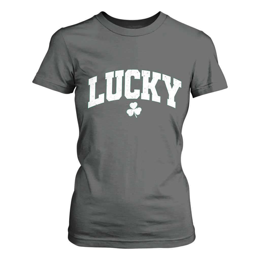 Retro Lucky T Shirt For Women St Patricks Day Irish Shamrock Varsity TS10 Dark Heather Print Your Wear