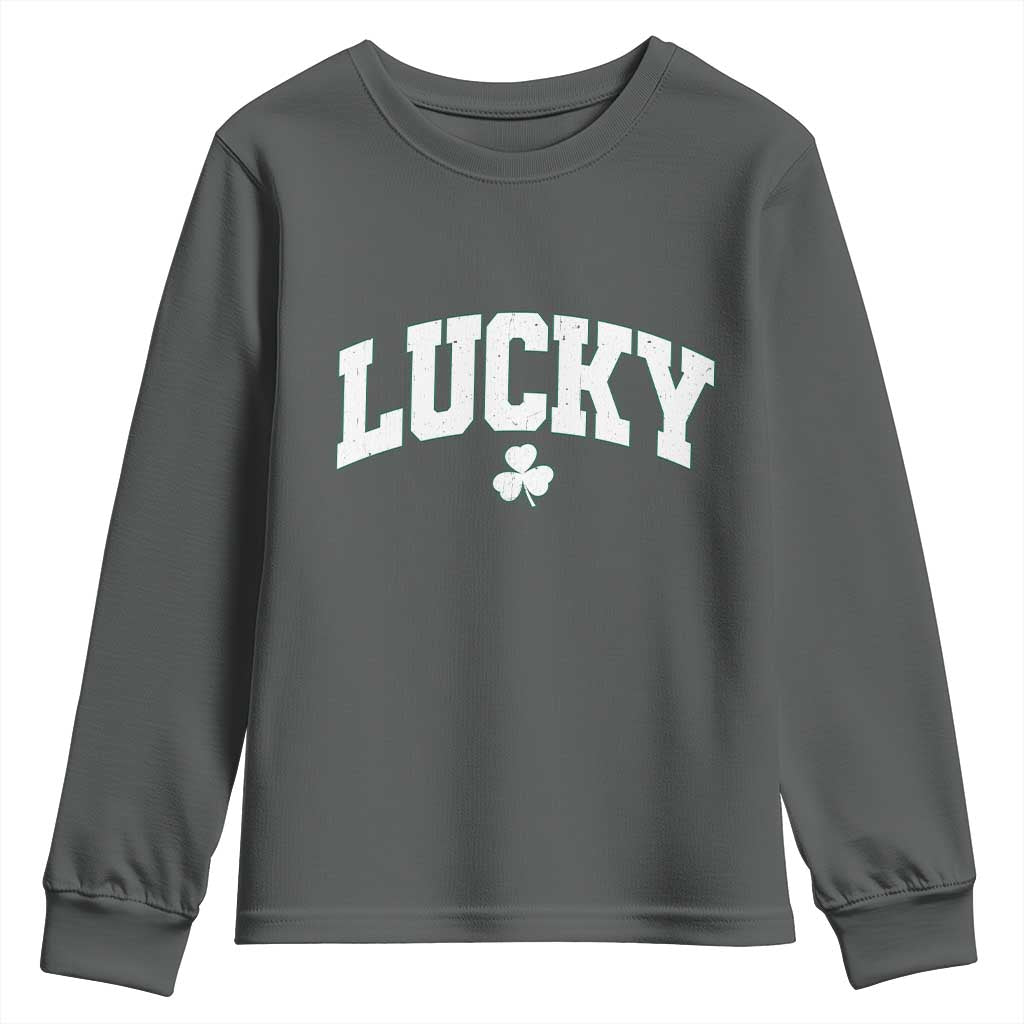 Retro Lucky Youth Sweatshirt St Patricks Day Irish Shamrock Varsity TS10 Dark Heather Print Your Wear