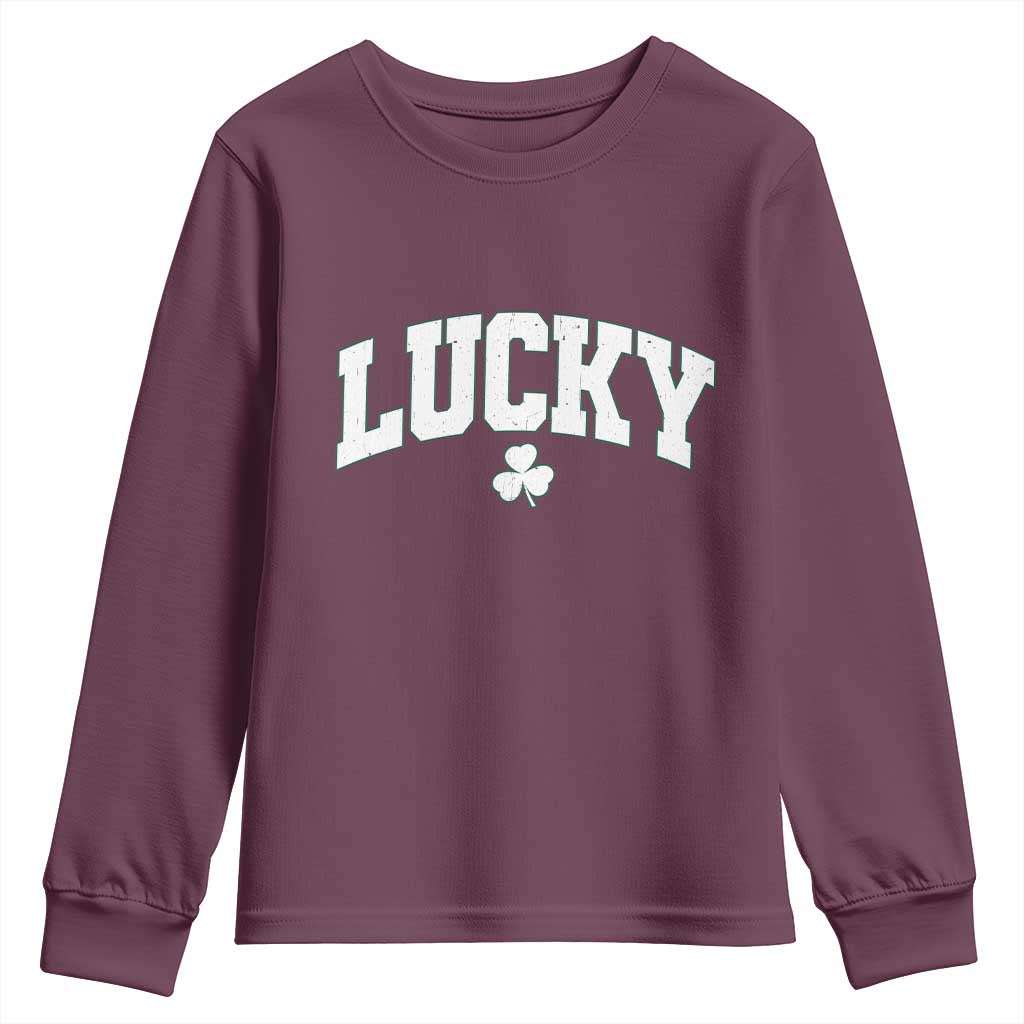 Retro Lucky Youth Sweatshirt St Patricks Day Irish Shamrock Varsity TS10 Maroon Print Your Wear