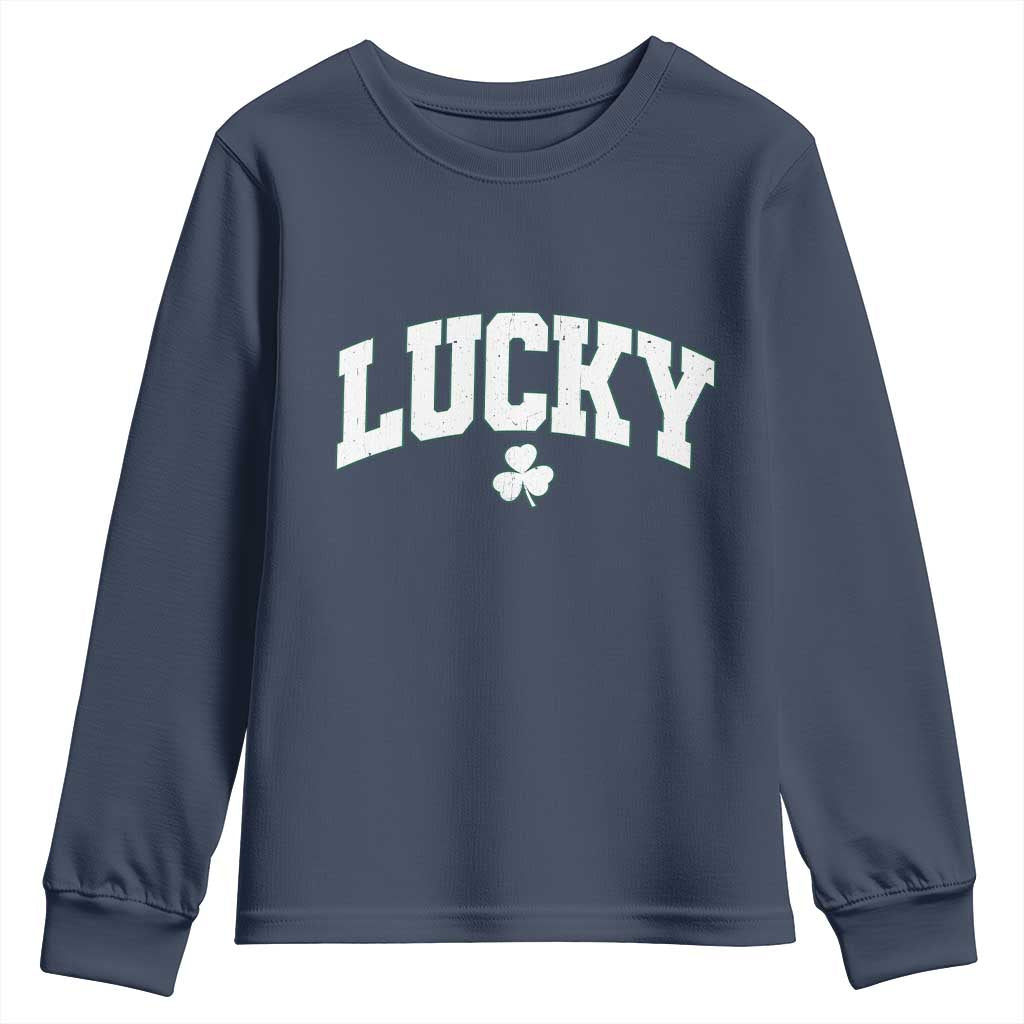 Retro Lucky Youth Sweatshirt St Patricks Day Irish Shamrock Varsity TS10 Navy Print Your Wear