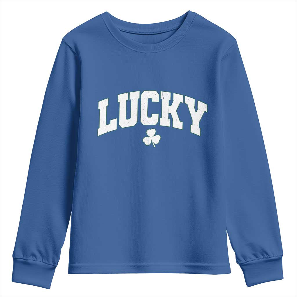 Retro Lucky Youth Sweatshirt St Patricks Day Irish Shamrock Varsity TS10 Royal Blue Print Your Wear